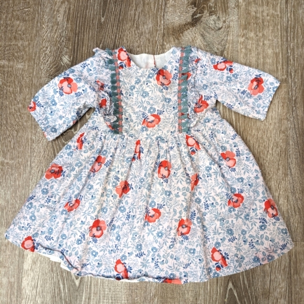 Pastourelle by Pippa & Julie Blue Floral Dress Fringe Tassels Size 6-9 Months